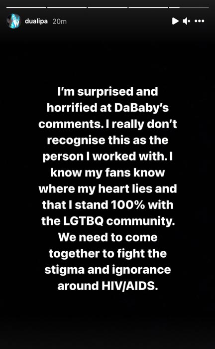 Dua Lipa Blasts DaBaby After Homophobic Rant
