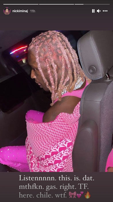 His pink ‘do received a co-sign from Nicki Minaj herself. “Listennnnn. this. is. dat. mthfkn. gas. right. TF. here. chile. wtf,” the Pink Friday rapper wrote on her Instagram Story.