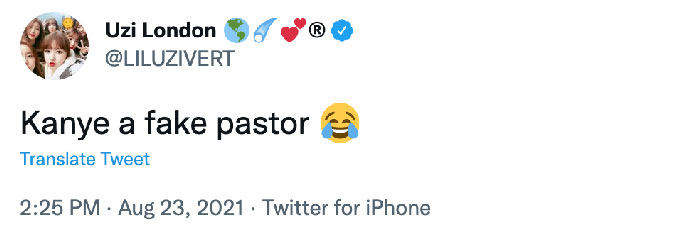 “Kanye a fake pastor,” he tweeted along with the laughing face emoji.